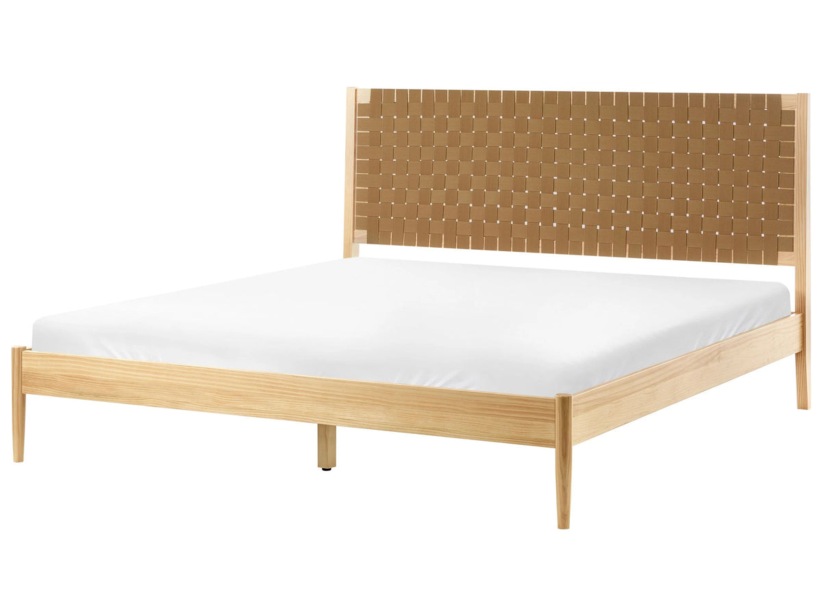 Bed Light Brown Pine Wood Frame EU 6ft Fabric Upholstered Headboard with Slatted Base Beliani