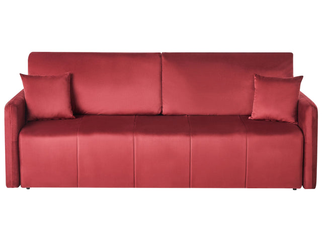 Velvet Sofa Burgundy Polyester Upholstery 3 Seater with Scatter Cushions Sleeper Function Living Room Settee Beliani