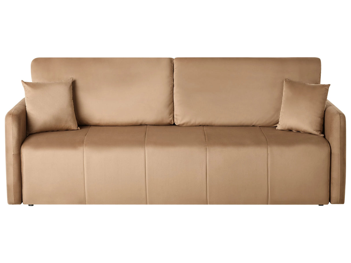 Velvet Sofa Light Brown Polyester Upholstery 3 Seater with Scatter Cushions Sleeper Function Living Room Settee Beliani
