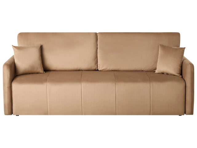 Velvet Sofa Light Brown Polyester Upholstery 3 Seater with Scatter Cushions Sleeper Function Living Room Settee Beliani