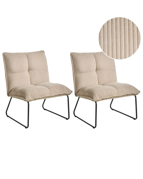 Set of 2 Armchairs Beige Corduroy Upholstery Black Metal Legs Modern Retro Design Beliani