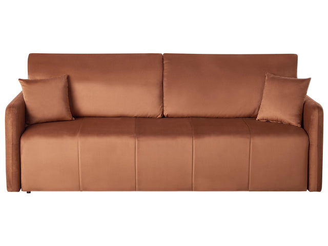 Velvet Sofa Golden Brown Polyester Upholstery 3 Seater with Scatter Cushions Sleeper Function Living Room Settee Beliani