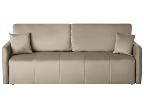 Velvet Sofa Taupe  Polyester Upholstery 3 Seater with Scatter Cushions Sleeper Function Living Room Settee Beliani
