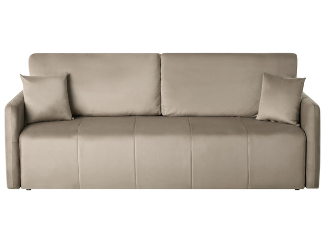 Velvet Sofa Taupe  Polyester Upholstery 3 Seater with Scatter Cushions Sleeper Function Living Room Settee Beliani