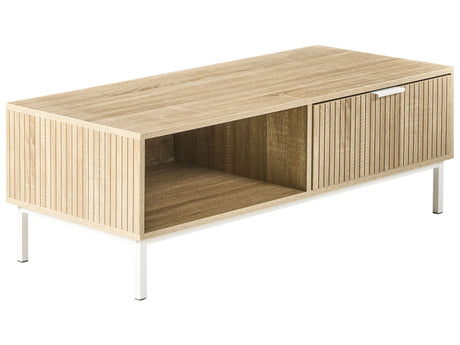 Coffee Table Light Brown MDF Metal Legs 110 x 50 cm Scandinavian Style Drawer Shelf Storage Living Room Beliani