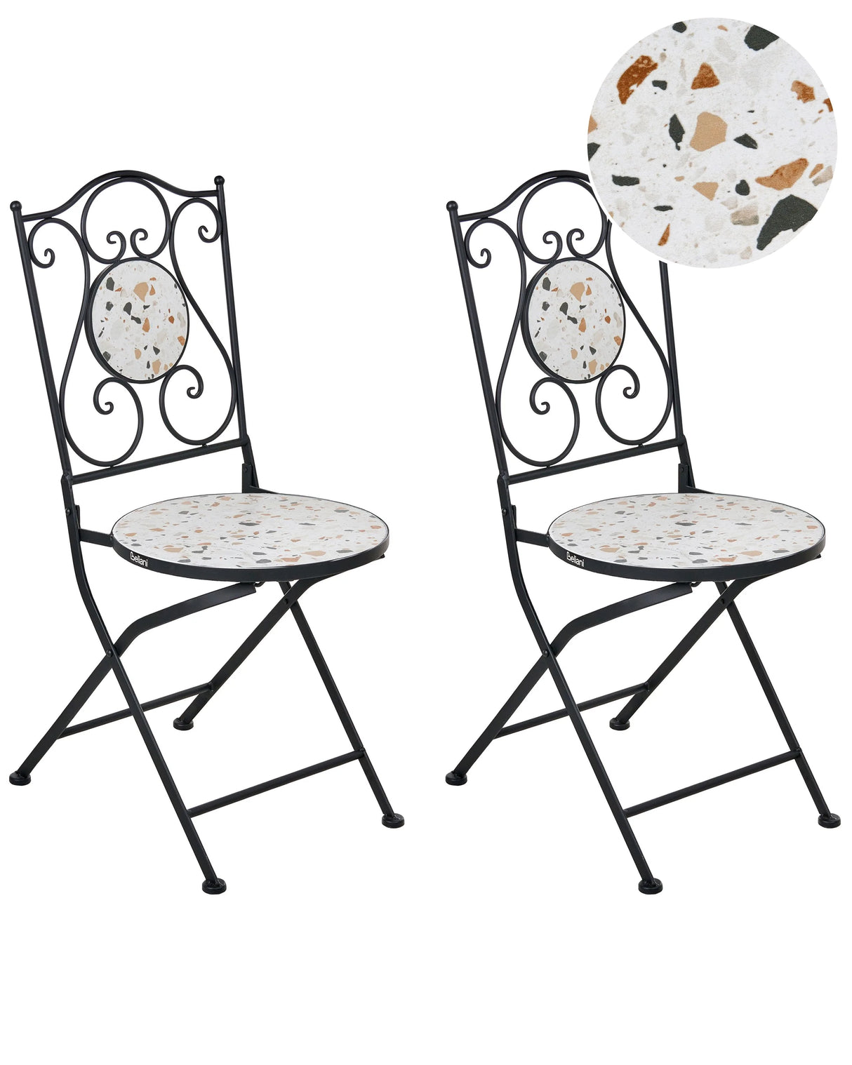 Set of 2 Garden Chairs Black Metal Iron Frame Terrazzo Effect Pattern Vintage Style Outdoor Beliani
