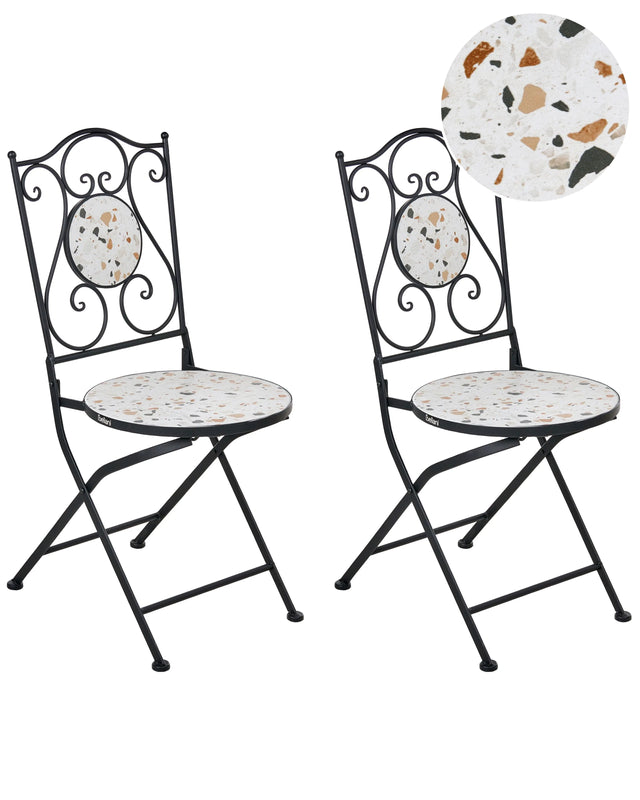 Set of 2 Garden Chairs Black Metal Iron Frame Terrazzo Effect Pattern Vintage Style Outdoor Beliani
