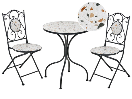Outdoor Garden Bistro Set Black Metal Iron Frame Terrazzo Effect Pattern Tabletop Vintage Style Outdoor Beliani