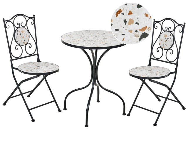 Outdoor Garden Bistro Set Black Metal Iron Frame Terrazzo Effect Pattern Tabletop Vintage Style Outdoor Beliani