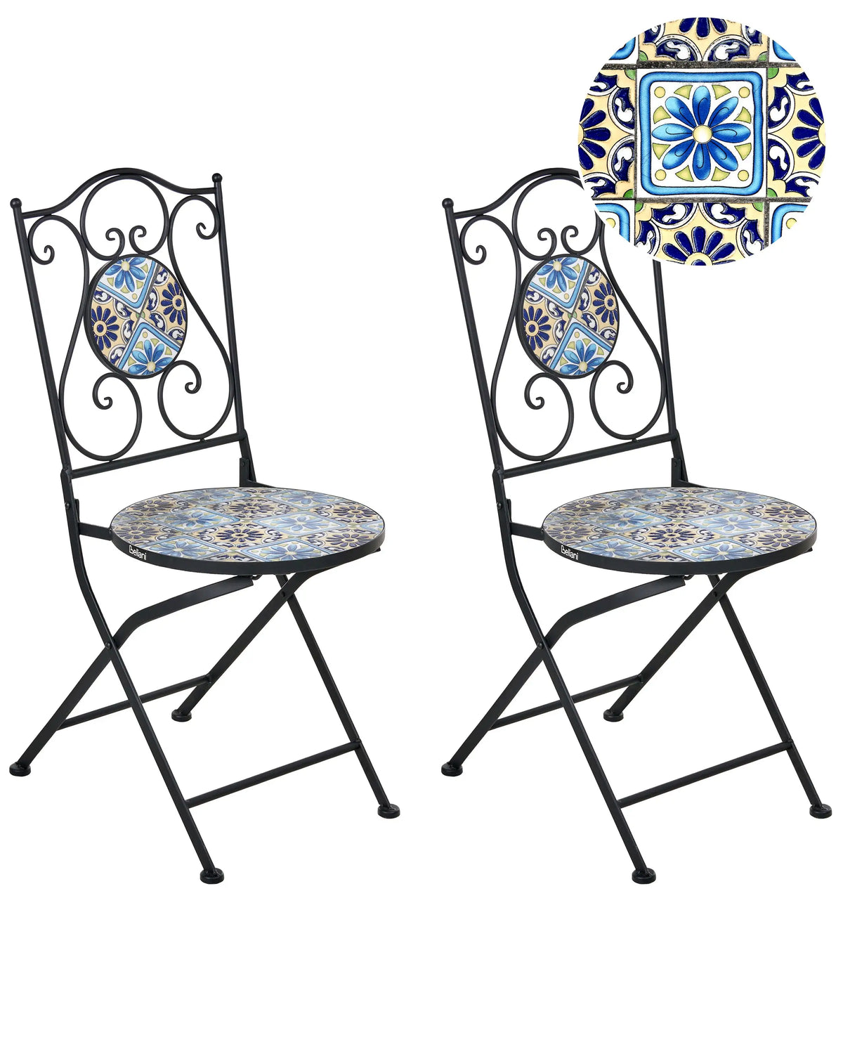 Set of 2 Garden Chairs Black Metal Iron Frame Mosaic Pattern Vintage Style Outdoor Beliani