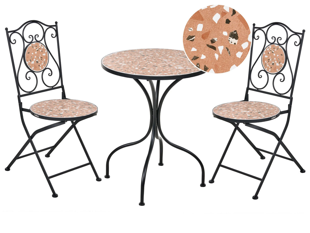 Outdoor Garden Bistro Set Black Metal Iron Frame Terrazzo Effect Pattern Tabletop Vintage Style Outdoor Beliani