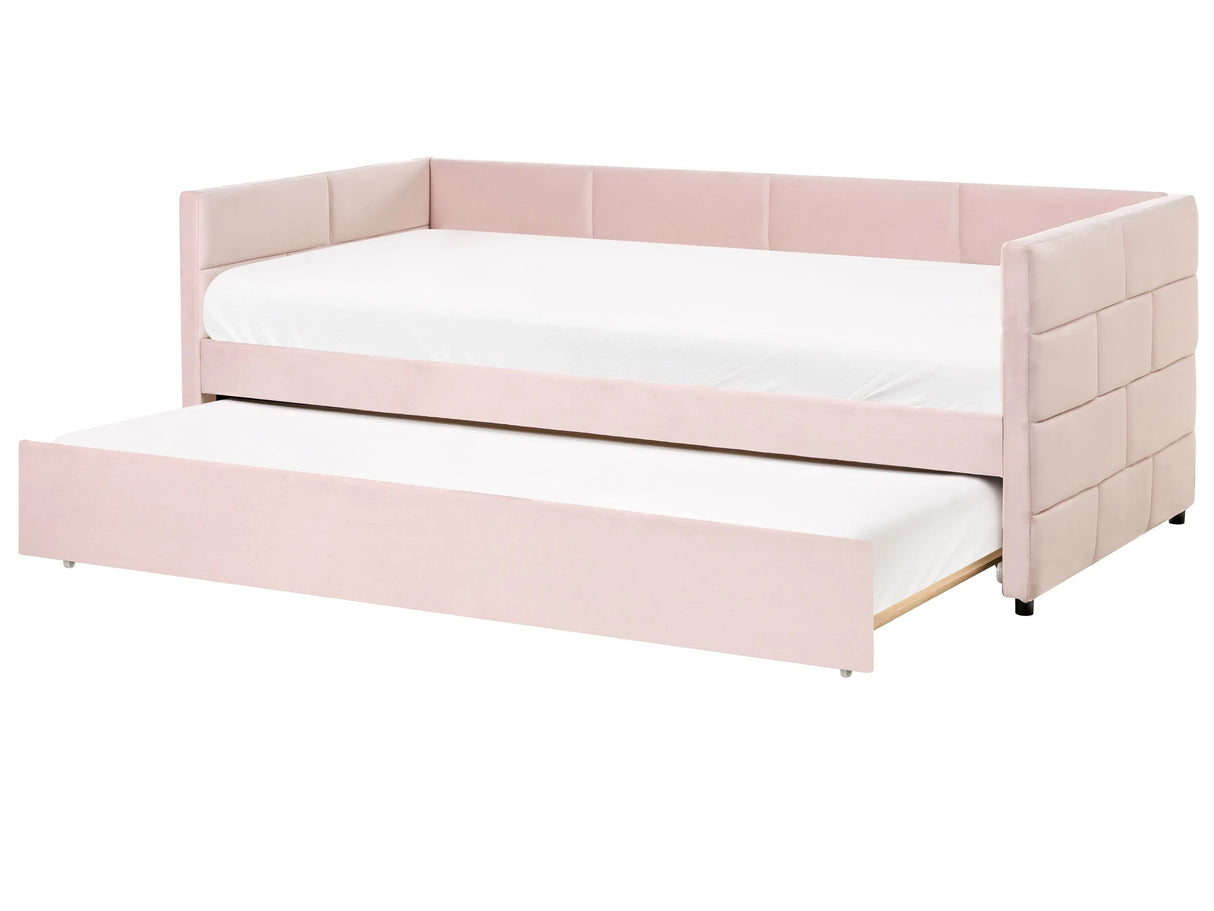 EU Single Size Trundle Bed Pink Velvet Upholstery 3ft Slatted Bed Base Tufted Glamour Style Beliani