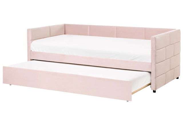 EU Single Size Trundle Bed Pink Velvet Upholstery 3ft Slatted Bed Base Tufted Glamour Style Beliani