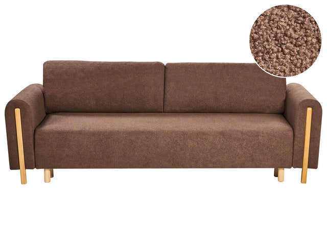 Sofa Bed Brown Boucle Fabric Upholstery Click-Clack Sleeper Mechanism with Storage Minimalistic Style with Armrests Beliani