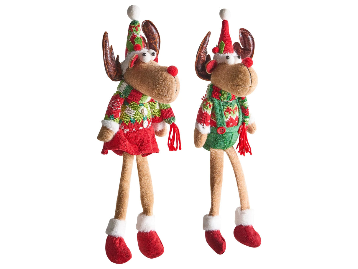 Set of 2 Decorative Figurines Multicolour Fabric Plush Sitting Reindeer with Dangling Legs Beliani
