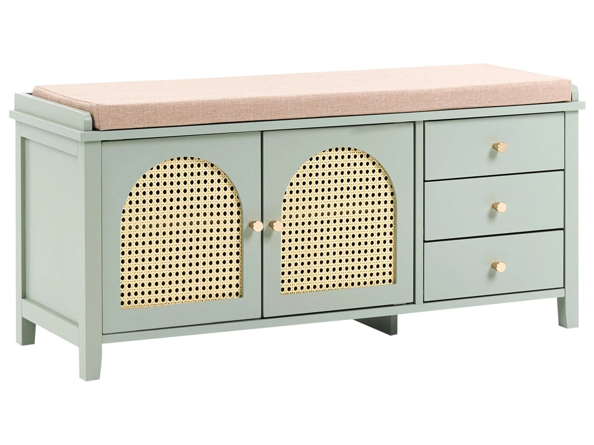 Storage Shoe Bench Mint Green MDF Engineered Wood PE Rattan 3 Drawers 2 Shelves Padded Seating Boho Style Hallway Beliani