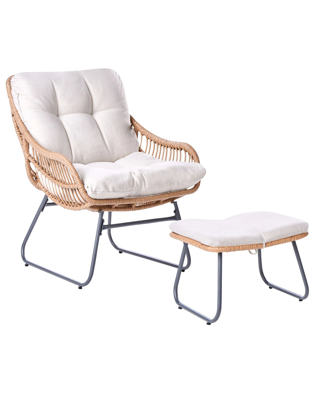 Garden Chair with Footstool Natural PE Rattan Steel Legs Light Beige Cushions Garden Furniture Beliani