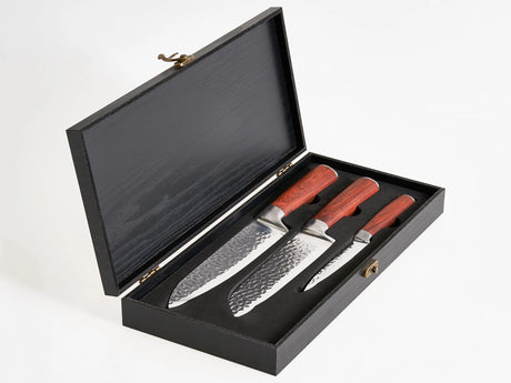 Knife Set Brown Damascus Stainless Steel 3 Pieces Hand-Sharpened 62 HRC Hardness with Chef's Knife Modern Design Beliani