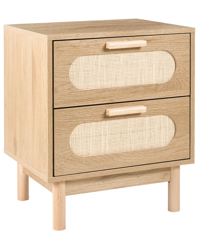 Bedside Table Light Brown Particle Board Rattan Front Nightstand 2 Drawers Boho Style Bedroom Storage Beliani