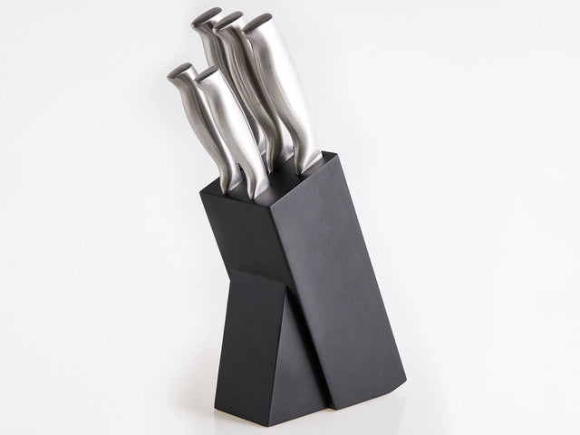 Knife Set Silver Stainless Steel 5 Pieces with Wooden Block Chef's Knife Hand-Sharpened 54 HRC Hardness Modern Design Beliani