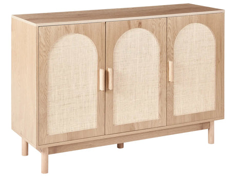 3 Door Sideboard Light Brown Particle Board Rattan Front Wooden Legs Boho Style Living Room Storage Beliani