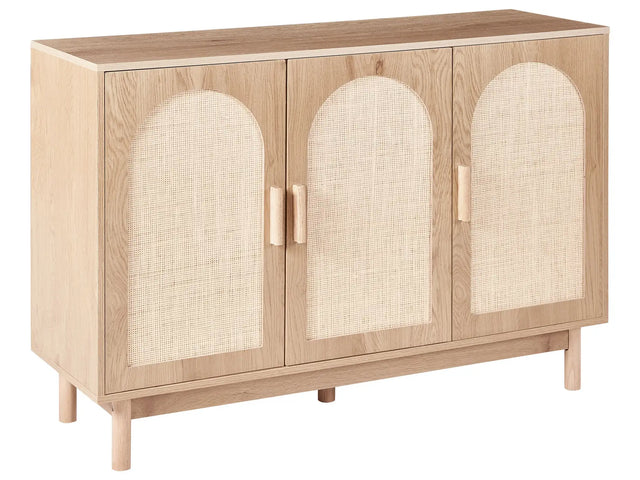 3 Door Sideboard Light Brown Particle Board Rattan Front Wooden Legs Boho Style Living Room Storage Beliani