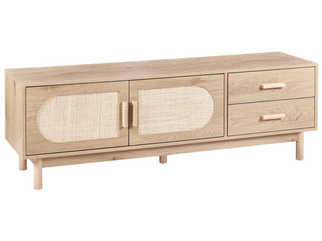 TV Stand Light Brown Particle Board Rattan Front TV up to 70 Cabinet Wooden Legs Boho Style Living Room Beliani