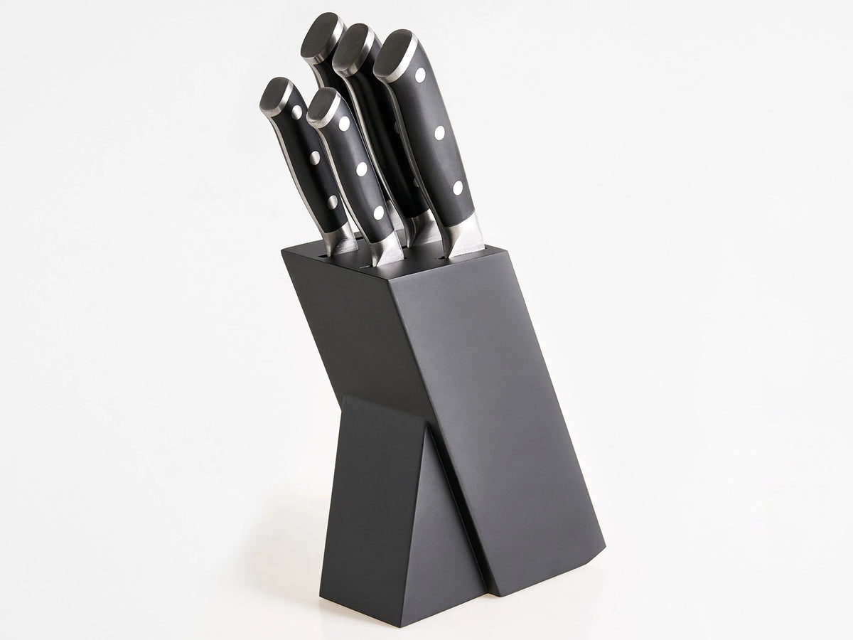Knife Set Black Stainless Steel 5 Pieces with Wooden Block Hand-Sharpened 54 HRC Hardness Chef's Knife Modern Design Beliani