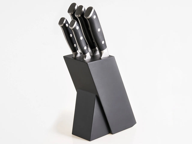 Knife Set Black Stainless Steel 5 Pieces with Wooden Block Hand-Sharpened 54 HRC Hardness Chef's Knife Modern Design Beliani