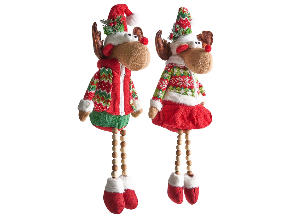 Set of 2 Decorative Figurines Multicolour Fabric Plush Sitting Reindeer with Dangling Legs Beliani