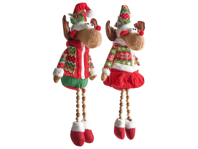 Set of 2 Decorative Figurines Multicolour Fabric Plush Sitting Reindeer with Dangling Legs Beliani