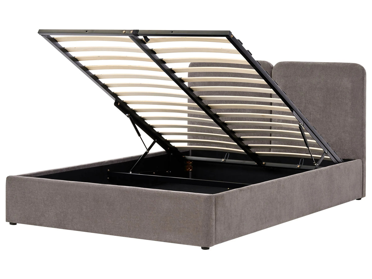 Ottoman Bed Taupe Fabric Upholstery EU King Size 5ft3 Elegant Headboard Lift-Up Slatted Base Beliani
