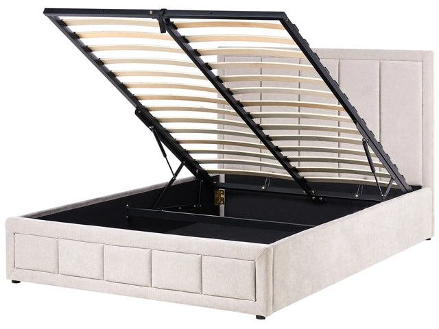 Ottoman Bed Taupe Fabric Upholstery EU Double Size 4ft6 Headboard Lift-Up Slatted Base Quilted Design Minimalist Beliani