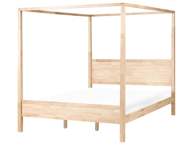Canopy Bed Frame Light Brown Rubberwood 6ft EU Super King Size Slats Minimalist Beliani