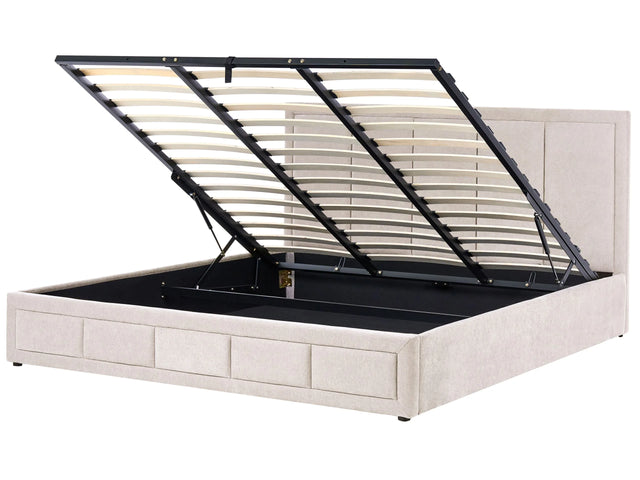Ottoman Bed Taupe Fabric Upholstery EU Super King Size 6ft Headboard Lift-Up Slatted Base Quilted Design Minimalist Beliani