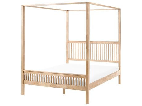 Canopy Bed Frame Light Brown Rubberwood 5ft3 EU King Size Slats Minimalist Beliani
