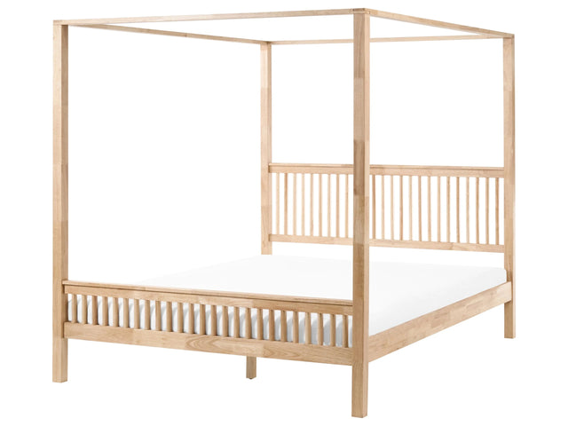Canopy Bed Frame Light Brown Rubberwood 6ft EU Super King Size Slats Minimalist Beliani