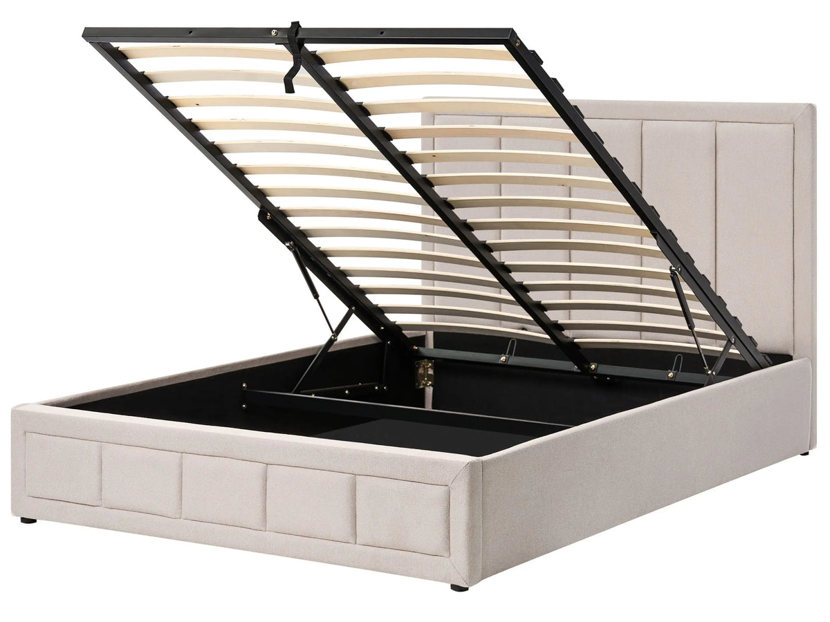 Ottoman Bed Beige Fabric Upholstery EU Double Size 4ft6 Headboard Lift-Up Slatted Base Quilted Design Minimalist Beliani