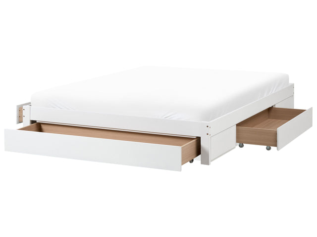 Bed Frame White Rubberwood Drawer Storage 6ft EU Super King Size Traditional Design without Headboard Beliani