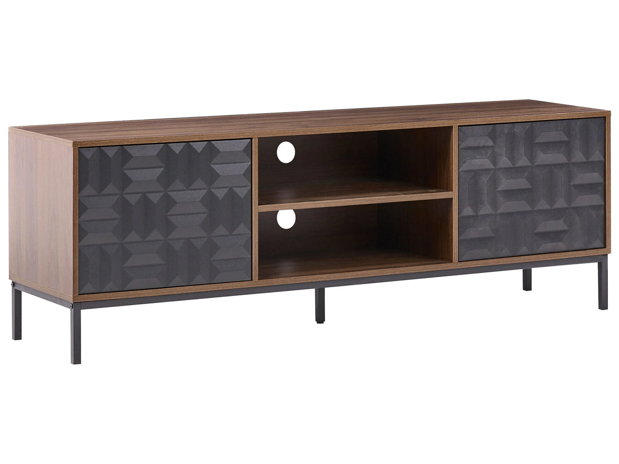 TV Stand Dark Brown 2 Doors 2 Open Shelves MDF Metal Legs Storage Geometric Pattern Living Room Beliani