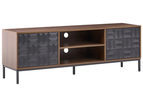TV Stand Dark Brown 2 Doors 2 Open Shelves MDF Metal Legs Storage Geometric Pattern Living Room Beliani