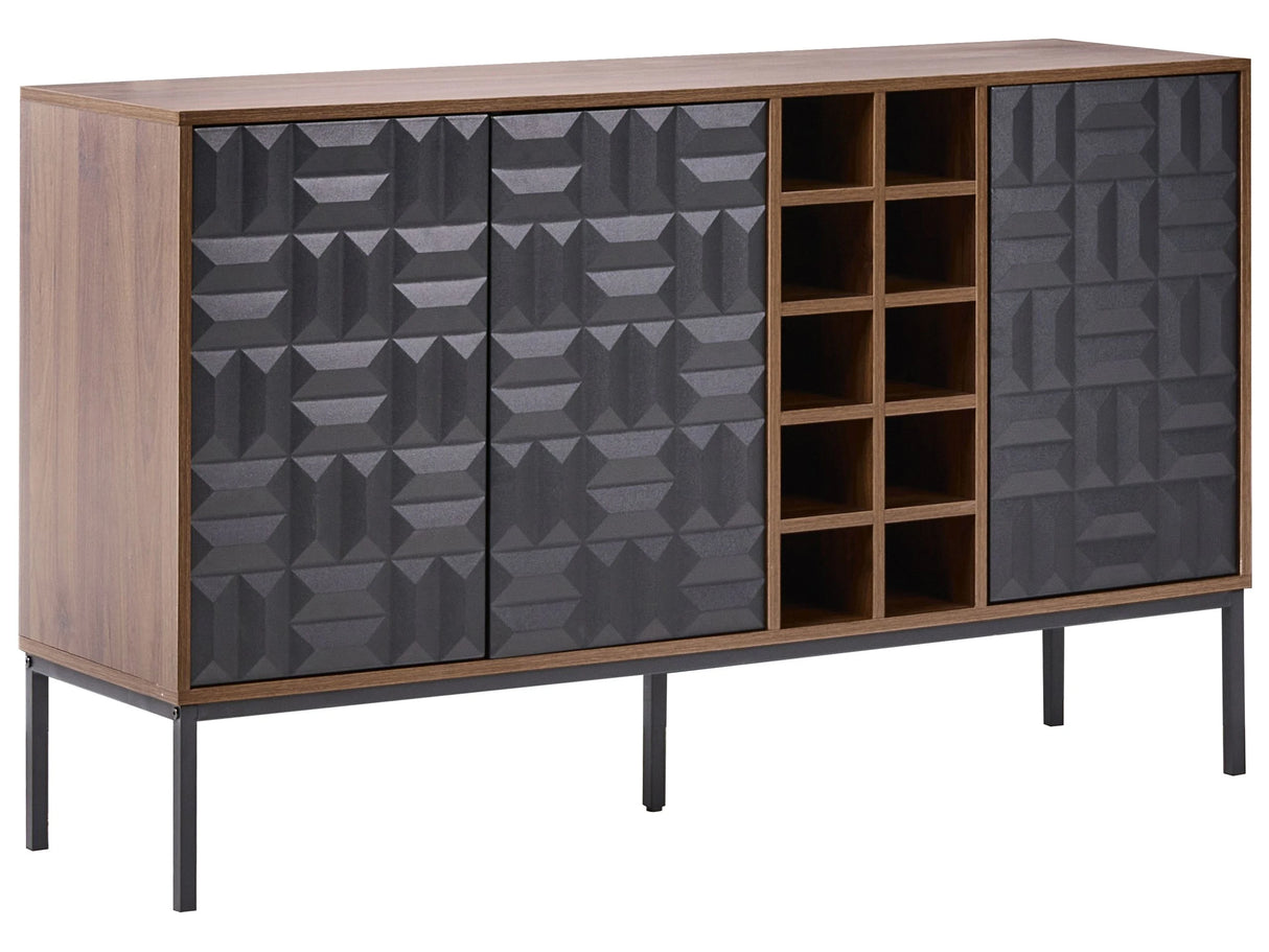 Sideboard Dark Brown 3 Door Shelf Wine Rack MDF Metal Legs Storage Geometric Pattern Living Room Beliani