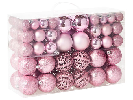 Set of 100 Christmas Baubles Pink Plastic Hanging Traditional Modern Style Xmas Tree Christmas Balls Glitter Matt Decor Beliani