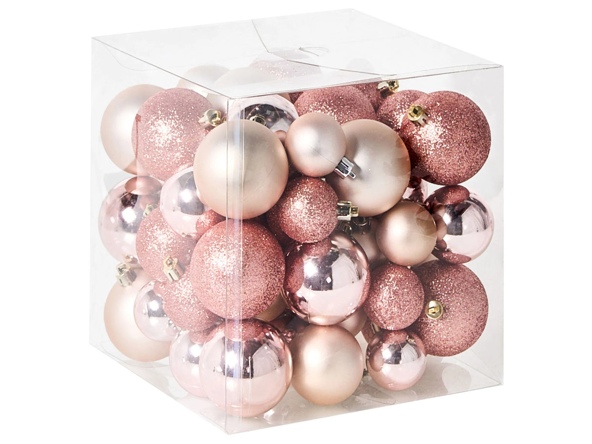 Set of 60 Christmas Baubles Pink Plastic Hanging Decor Traditional Style Christmas Balls Holiday Tree Glitter Beliani