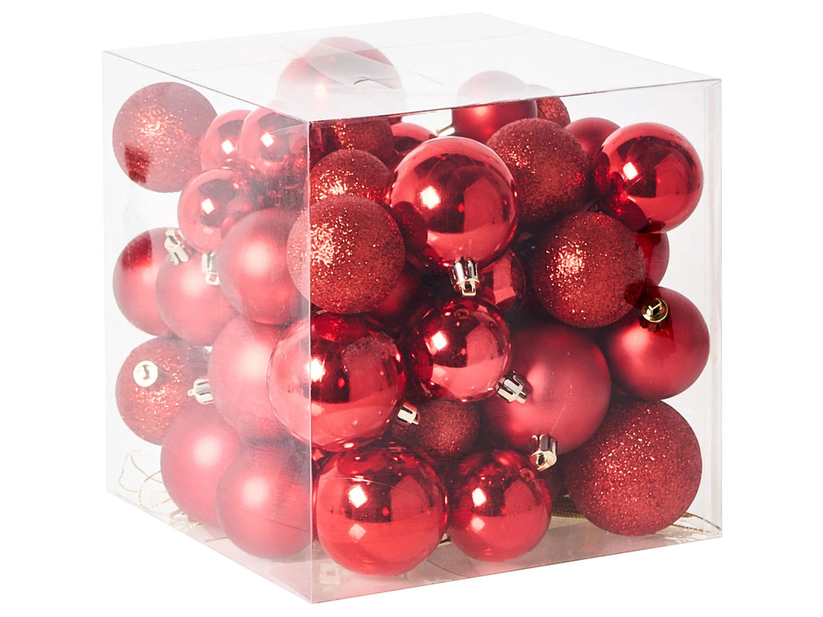 Set of 60 Christmas Baubles Red Plastic Hanging Decor Traditional Style Christmas Balls Holiday Tree Glitter Beliani