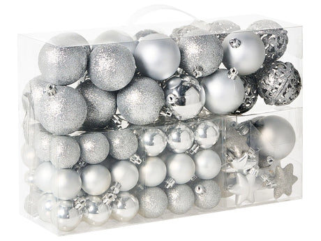 Set of 102 Christmas Baubles Silver Plastic Hanging Decor Traditional Style Holiday Tree Different Shapes Beliani
