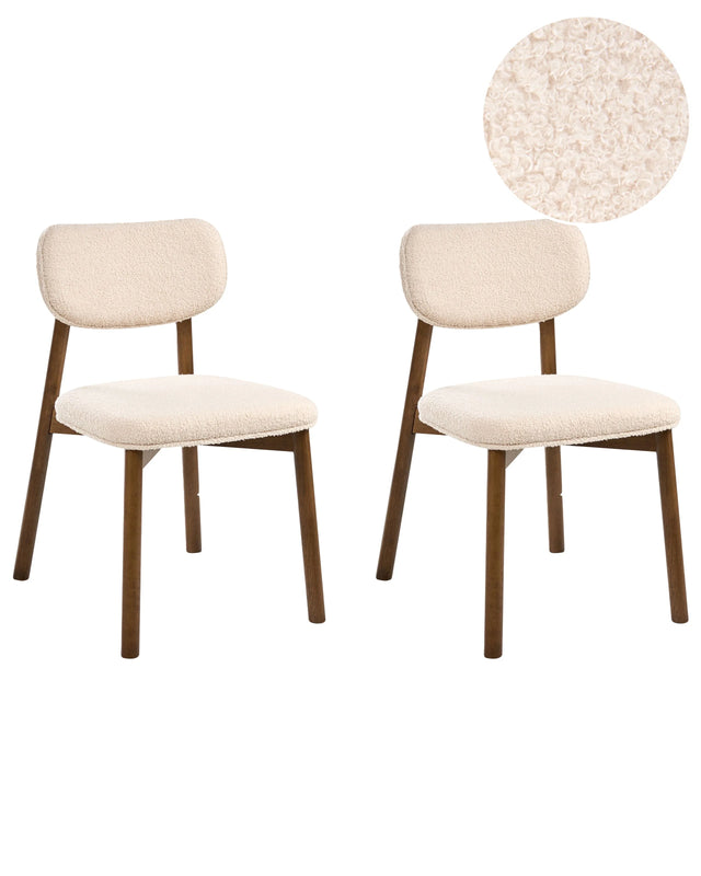 Set of 2 Dining Chairs Dark Brown and Light Beige Boucle Rubber Wood Frame Upholstered Seat and Backrest Dining Room Kitchen Beliani