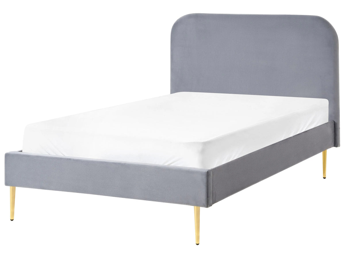 Bed Grey Velvet Upholstery EU Small Double Size Golden Legs Headboard Slatted Frame 4ft Minimalist Design Beliani