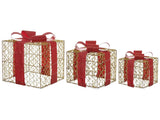 Set of 3 Light-Up Christmas Gift Boxes Gold with LED Lights Holiday Decorations with Bows for Indoor Use Beliani