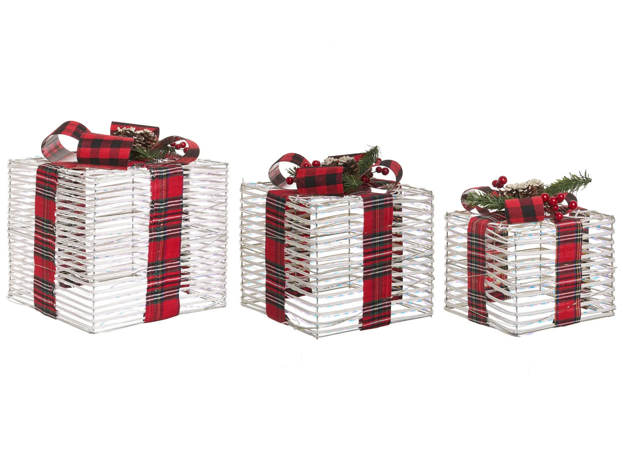 Set of 3 Light-Up Christmas Gift Boxes Off-White with LED Lights Holiday Decorations with Bows for Indoor Use Beliani